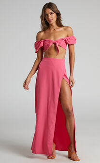 Cyria Tie Front Puff Sleeve Crop Top and Maxi Skirt Two Piece Set in Pink