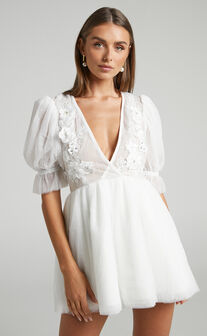 Akshia Mini Dress - Puff Sleeve Floral Detail Plunge Neck Dress in White