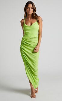 Khari Midaxi Dress - Strappy Back Ruched Slip Dress in Lime