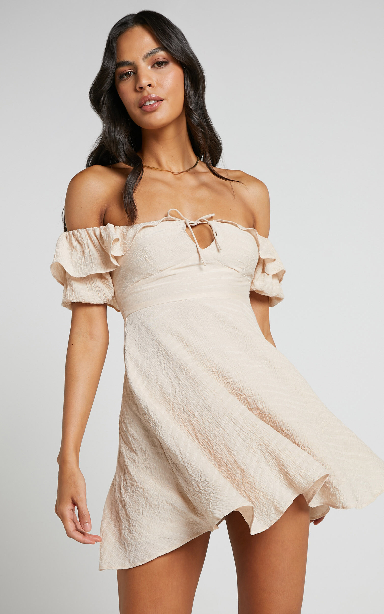 Canthe Mini Dress - Frill Detail Sleeve Off Shoulder Dress in Beige Showpo