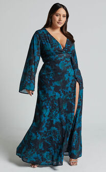 Mirski Midi Dress - Tie Waist Flared Sleeve Dress in Jewel Blur