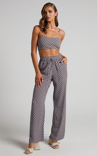 Rosetti Pants - Mid Waisted Elastic Waist Relaxed Pants in Blue Geo