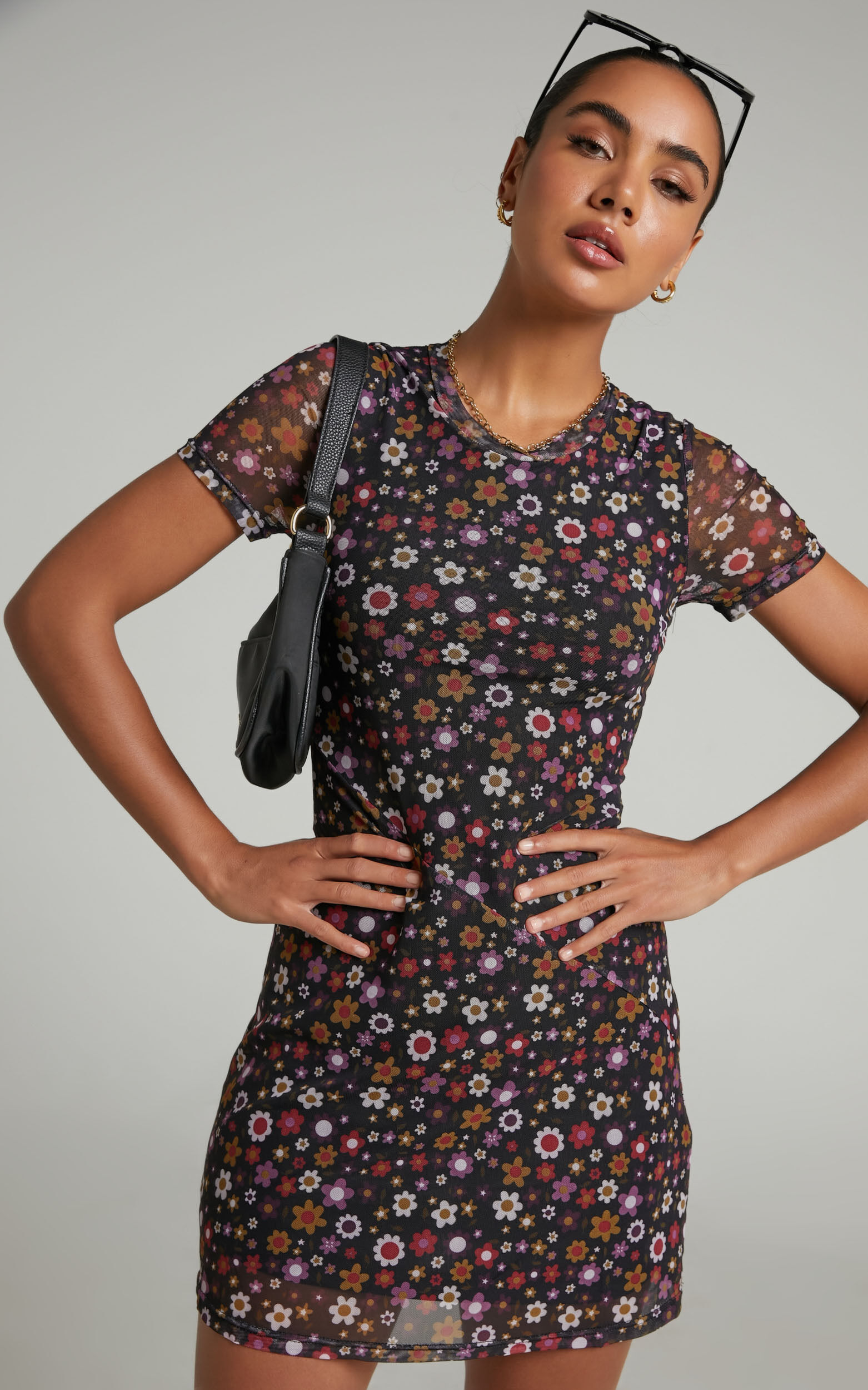 Presilla Short Sleeve Mesh Mini Dress in Black Floral - 06, BLK1, super-hi-res image number null