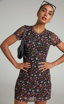 Presilla Short Sleeve Mesh Mini Dress in Black Floral