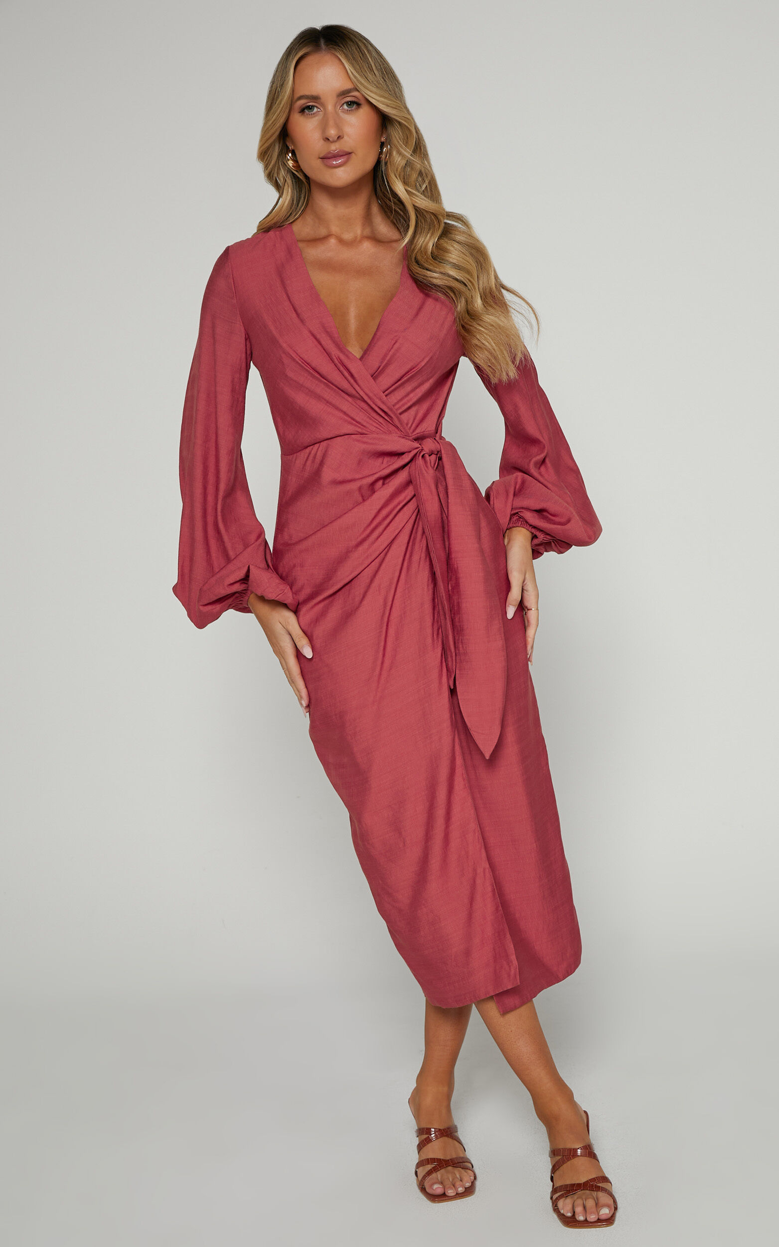 Taylor Midi Dress - Long Sleeve Wrap Dress in Clay - 04, BRN1