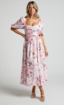 Haxzel Ruched Bust Puff Sleeve Midi Dress in Bouquet Floral