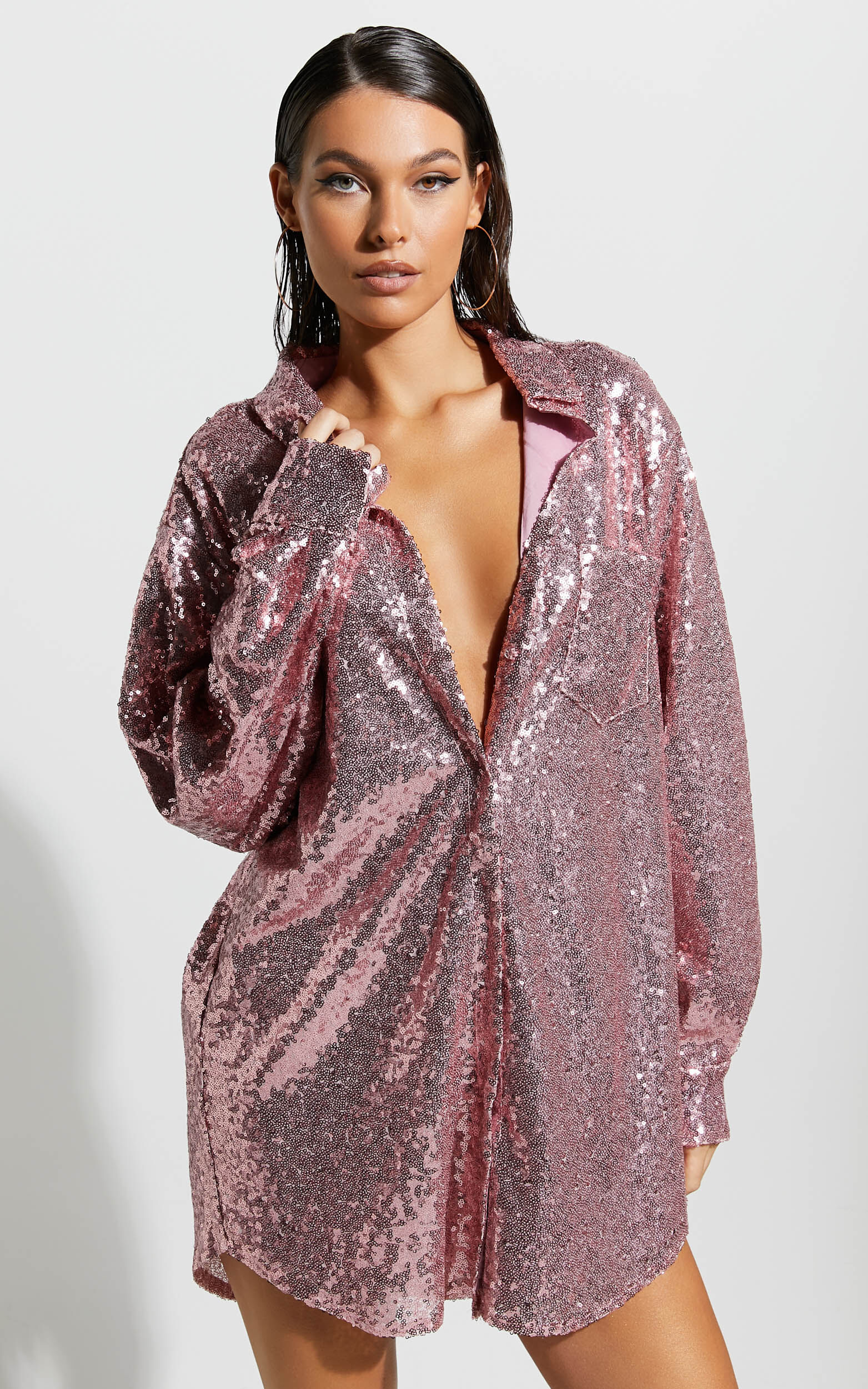 Cally Mini Dress - Oversized Shirt Dress in Lilac Sequin - 14, PRP3