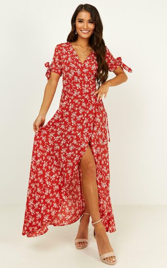 Picking It Up Wrap Maxi Dress in Rust Floral