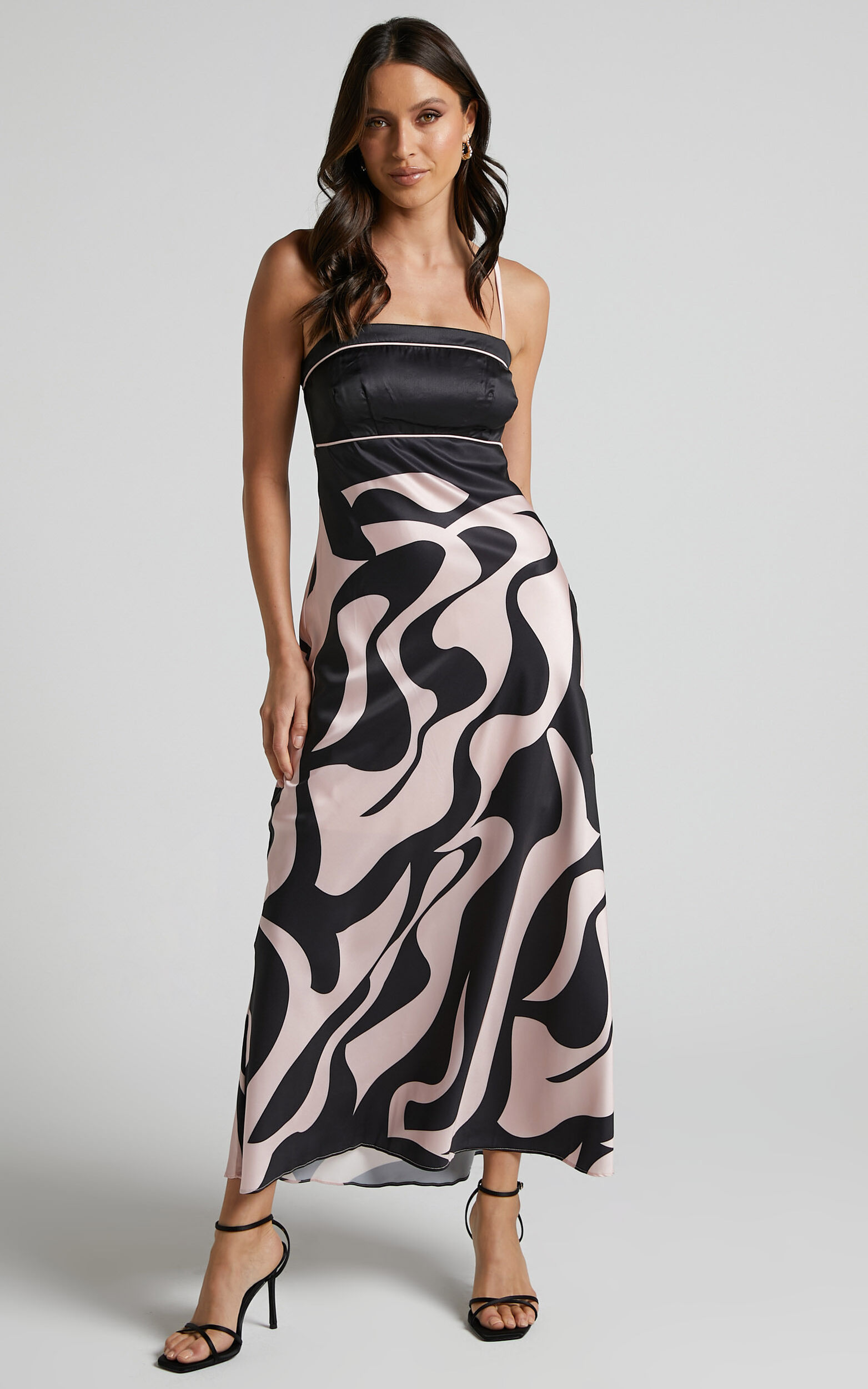 Angela Midaxi Dress - Thin Strap A Line Dress in Black & Cream Swirl - 06, BLK1