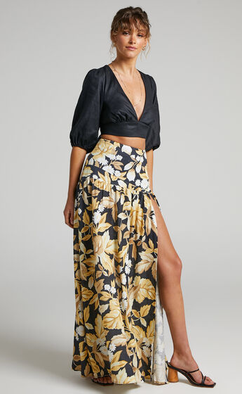 Amalie The Label - Athena Linen Side Split Maxi Skirt in Black Floral