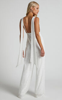 Malisha Cowl Neck Backless Jumpsuit in White Sequin