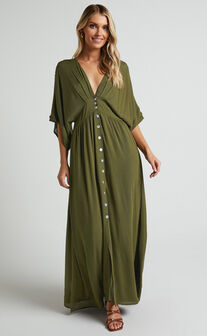Sitting Pretty Midaxi Dress - Short Sleeve Button Down Dress in Olive