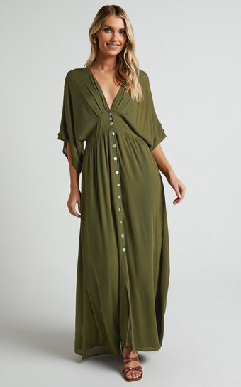 Sitting Pretty Midi Dress - Short Sleeve Button Down Dress in Olive