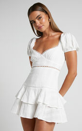 Rhyken Mini Dress - Puff Sleeve Frill Detail Dress in Off White ...