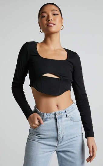 Henley Top - Corset Detail Cut Out Long Sleeve Top in Black