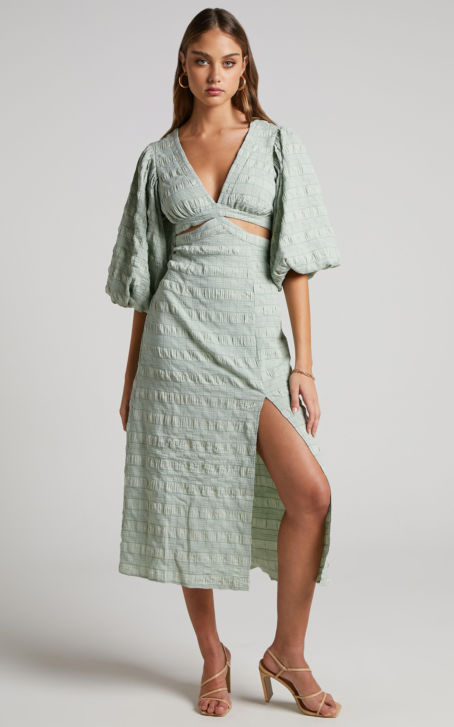 Tabatha Puff Sleeve Cut Out Midi Dress in Sage - 06, GRN5, super-hi-res image number null