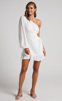 Lancey Mini Dress - Ruched Side Cut Out Long Sleeve One Shoulder Dress in White
