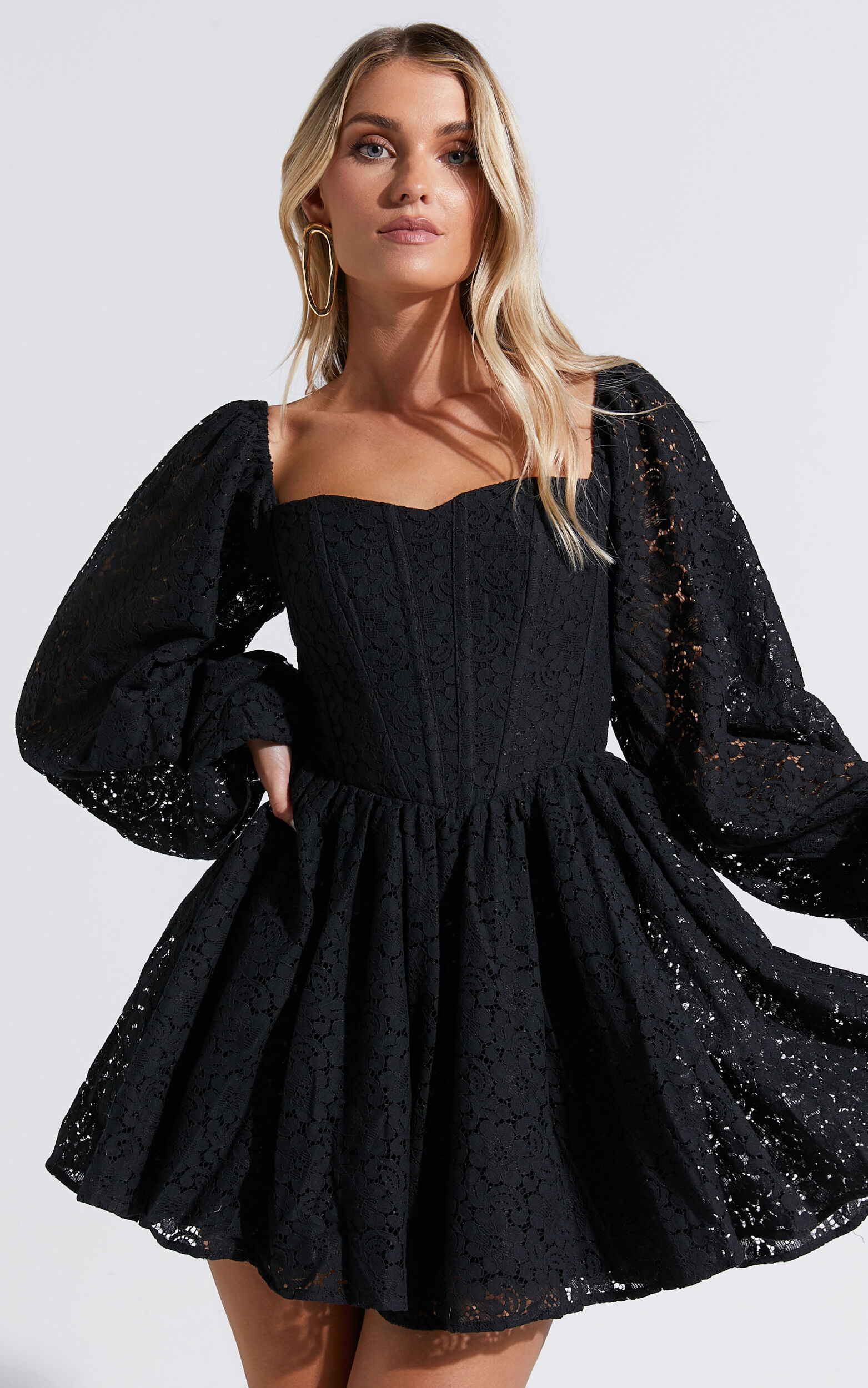 Helena Mini Dress - Long Sleeve Fit and Flare Lace Dress in Black - 06, BLK1