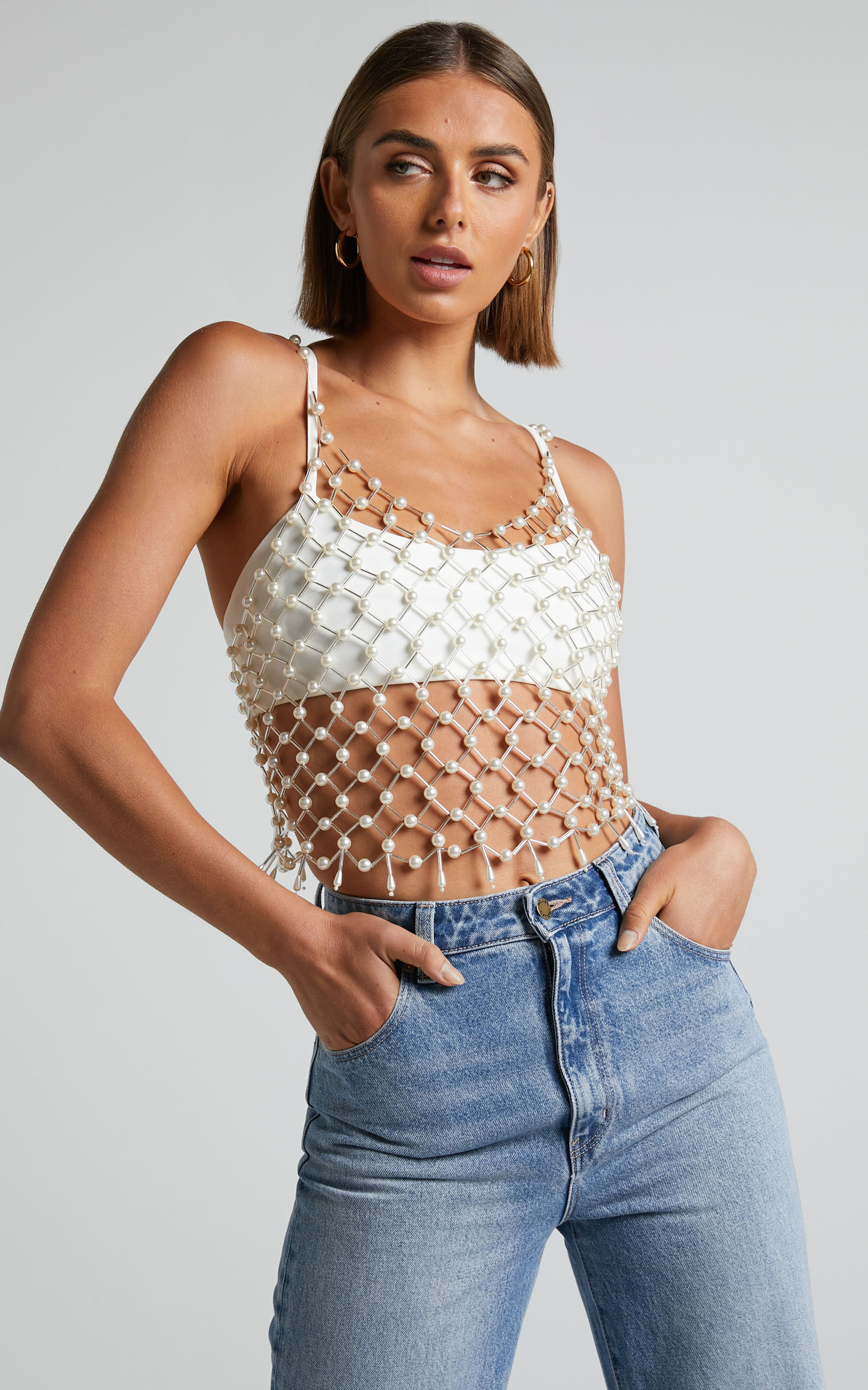 Cameron Pearl Beaded Mesh Top in Pearl - S/M, WHT1, super-hi-res image number null