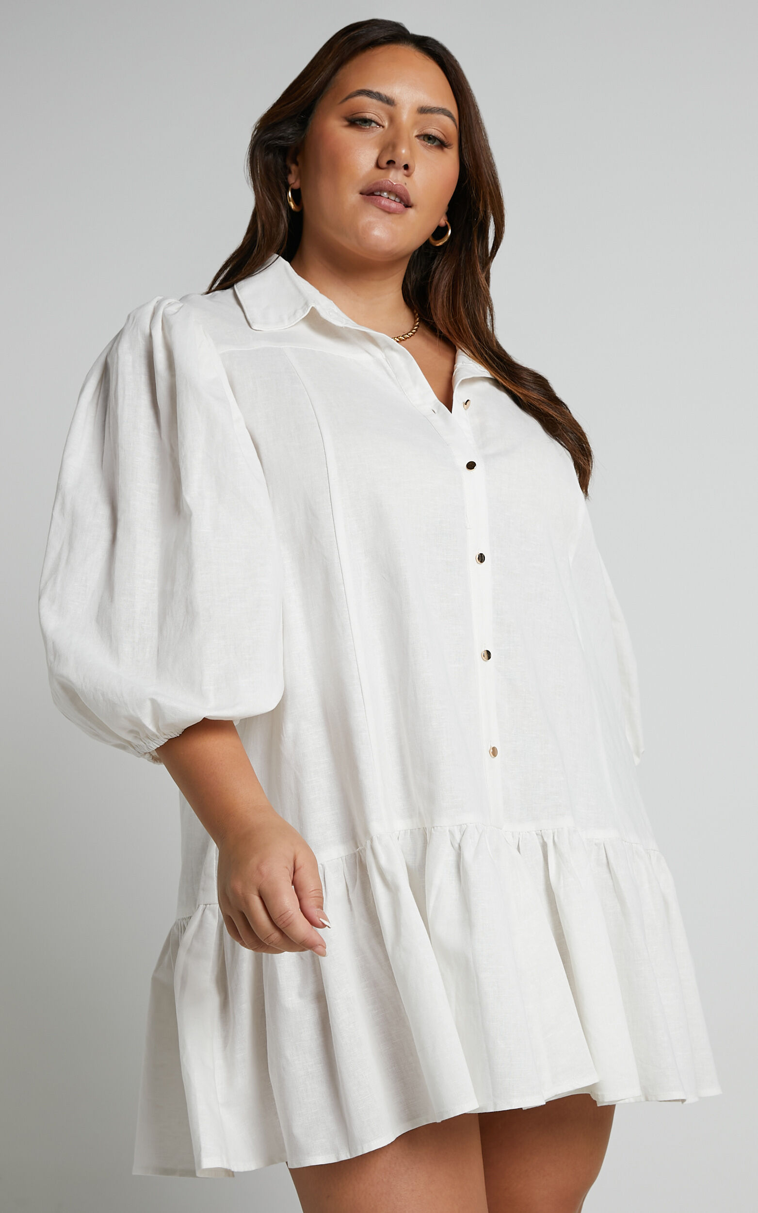 Amalie The Label - Rosabel Button Up Puff Sleeve Mini Shirt Dress in White - 06, WHT1