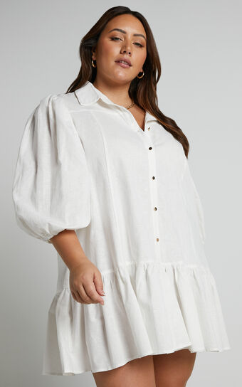 Amalie The Label - Rosabel Button Up Puff Sleeve Mini Shirt Dress in White