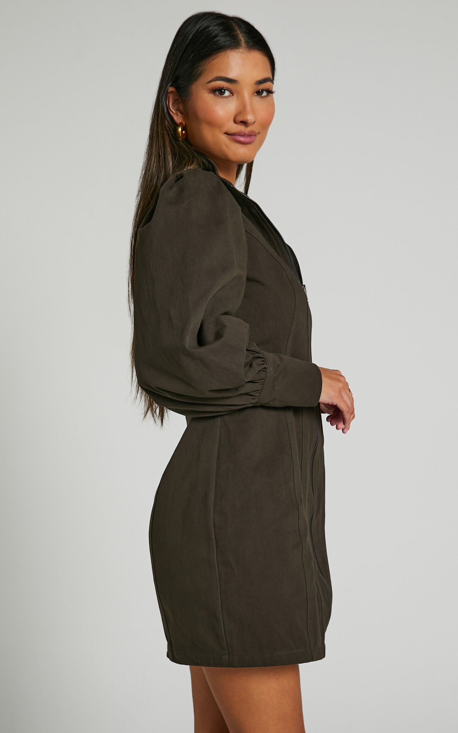 Tallis Mini Dress - Sleeve Zip Front Dress in Dark Charcoal | Showpo USA