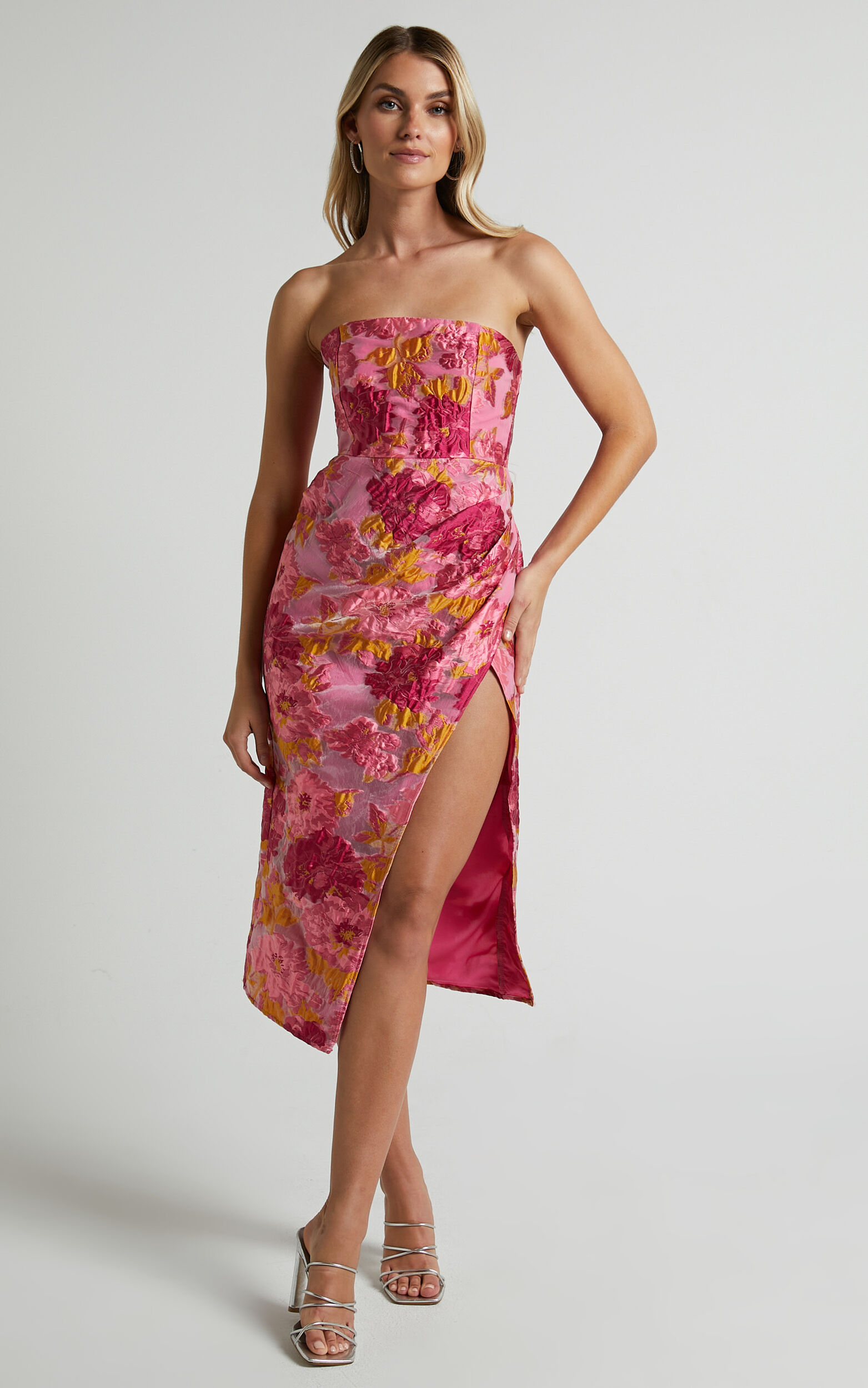 Brailey Midi Dress - Thigh Split Strapless Dress in Pink Jacquard - 04, PNK1