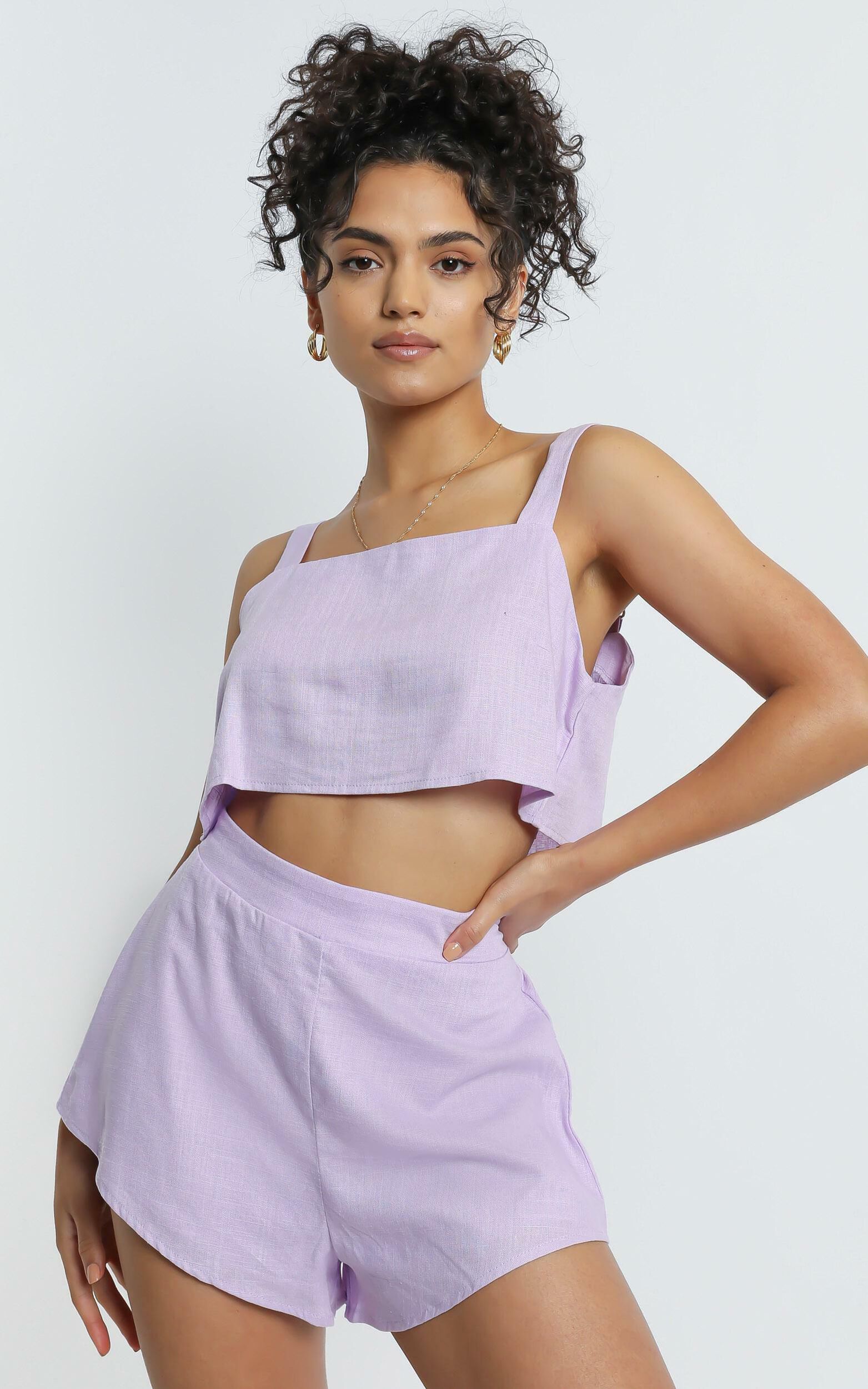 Zanrie Square Neck Crop Top and High Waist Mini Flare Shorts in Lilac Linen Look - 04, PRP6