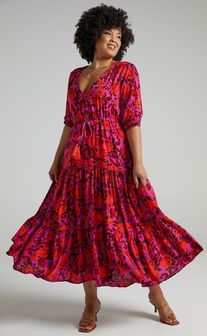 Waiting So Long Midi Dress - V Neck Thigh Split Dress in Pink Floral