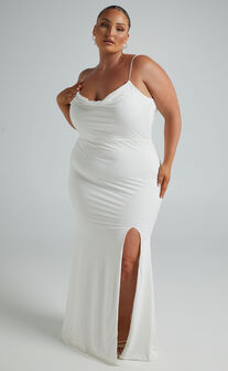 Tasteful Midaxi Dress - Cowl Neck Bodycon Thigh Split Dress in White