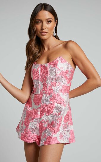 Brailey Playsuit - Strapless Corset Playsuit in Light Pink Jacquard
