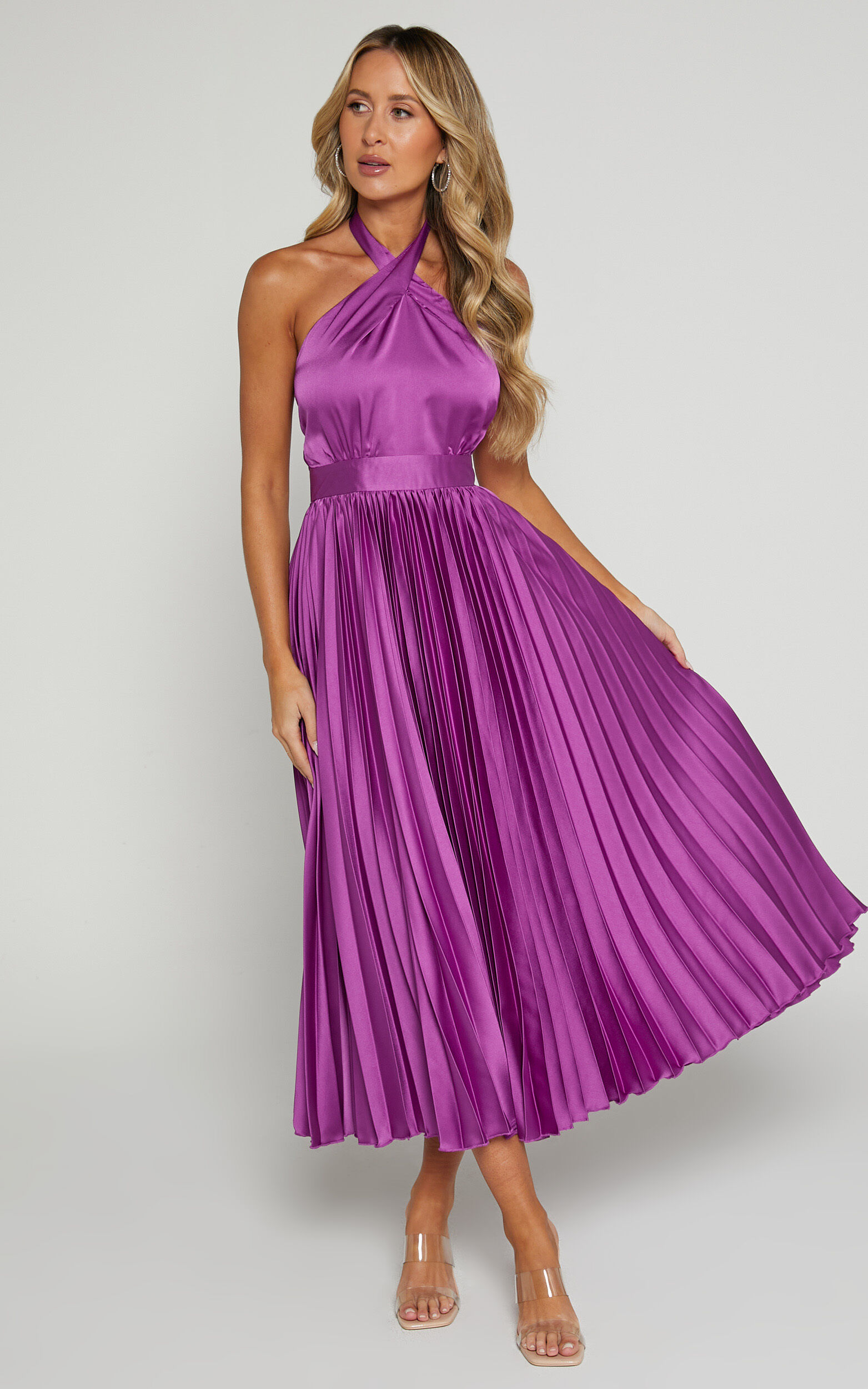 Eloise Midaxi Dress - Halter Neck Pleated Dress in Grape - 06, PRP1