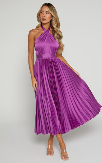 Eloise Midaxi Dress - Halter Neck Pleated Dress in Grape
