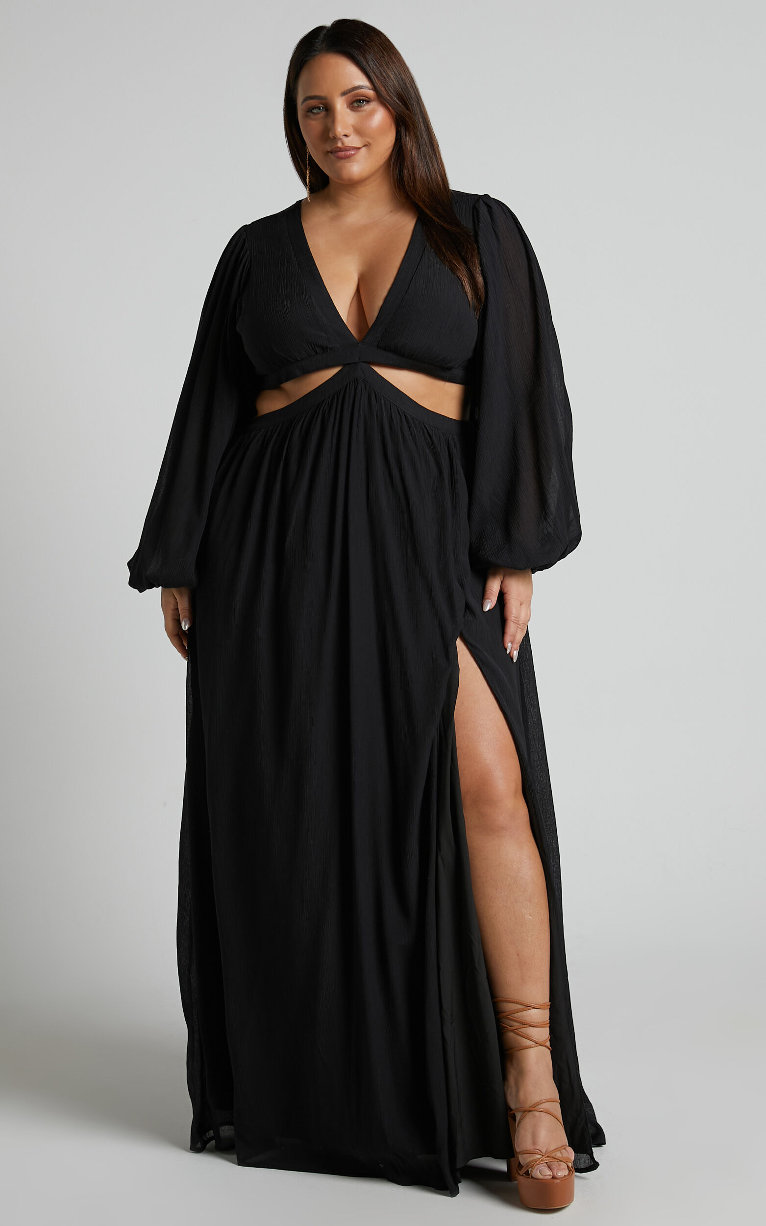 Paige Maxi Dress - Side Cut Out Balloon Sleeve Dress in Black | Showpo USA