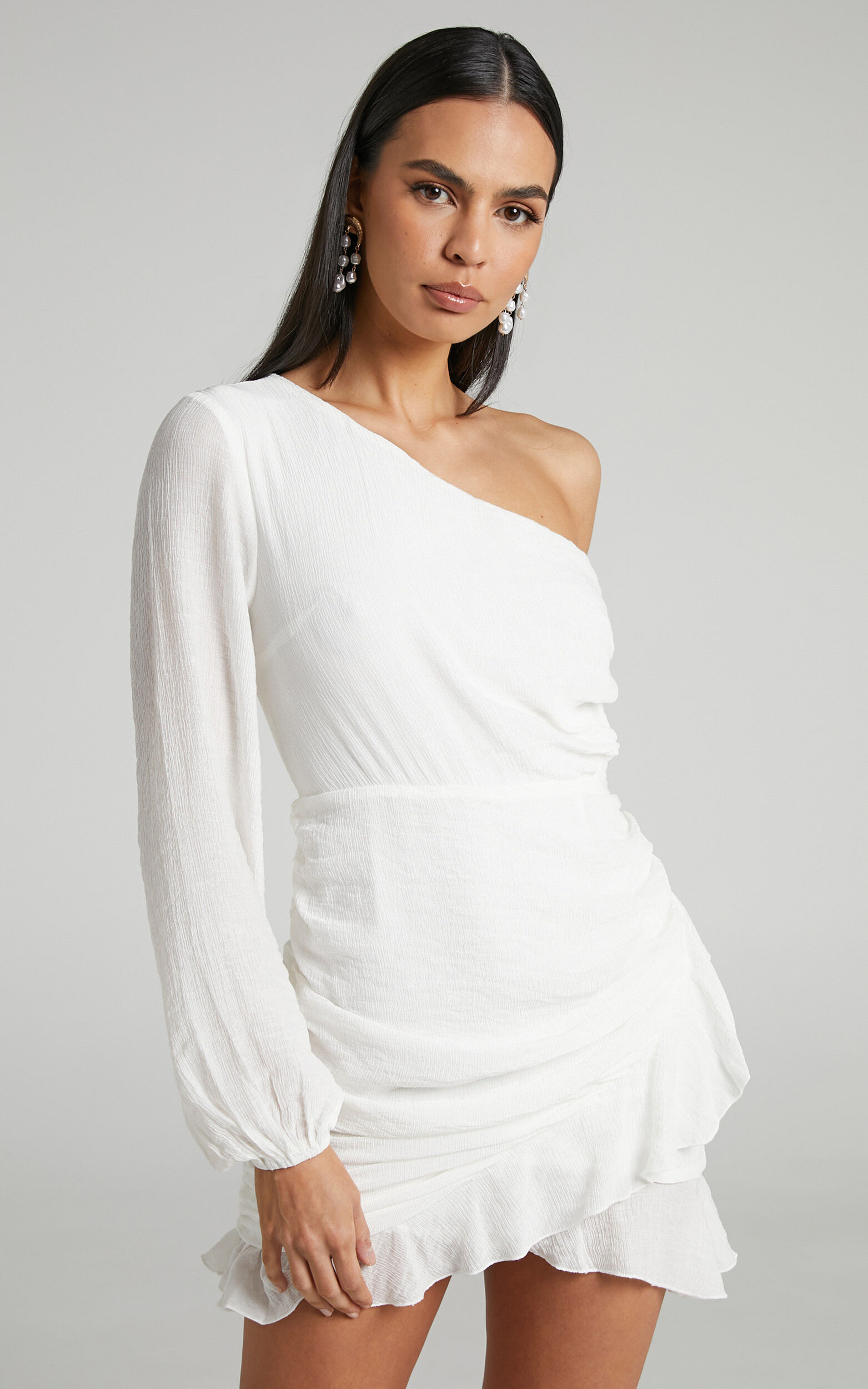 Paige Mini Dress - One Shoulder Frill Hem Wrap Skirt Dress in White - 04, WHT2
