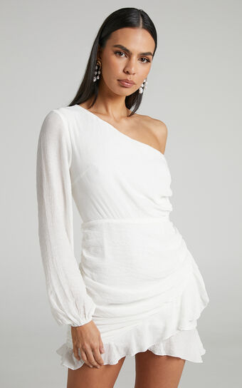 Paige Mini Dress - One Shoulder Frill Hem Wrap Skirt Dress in White