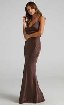 Lunaria Cowl Mermaid Maxi Slip Dress in Chocolate Satin