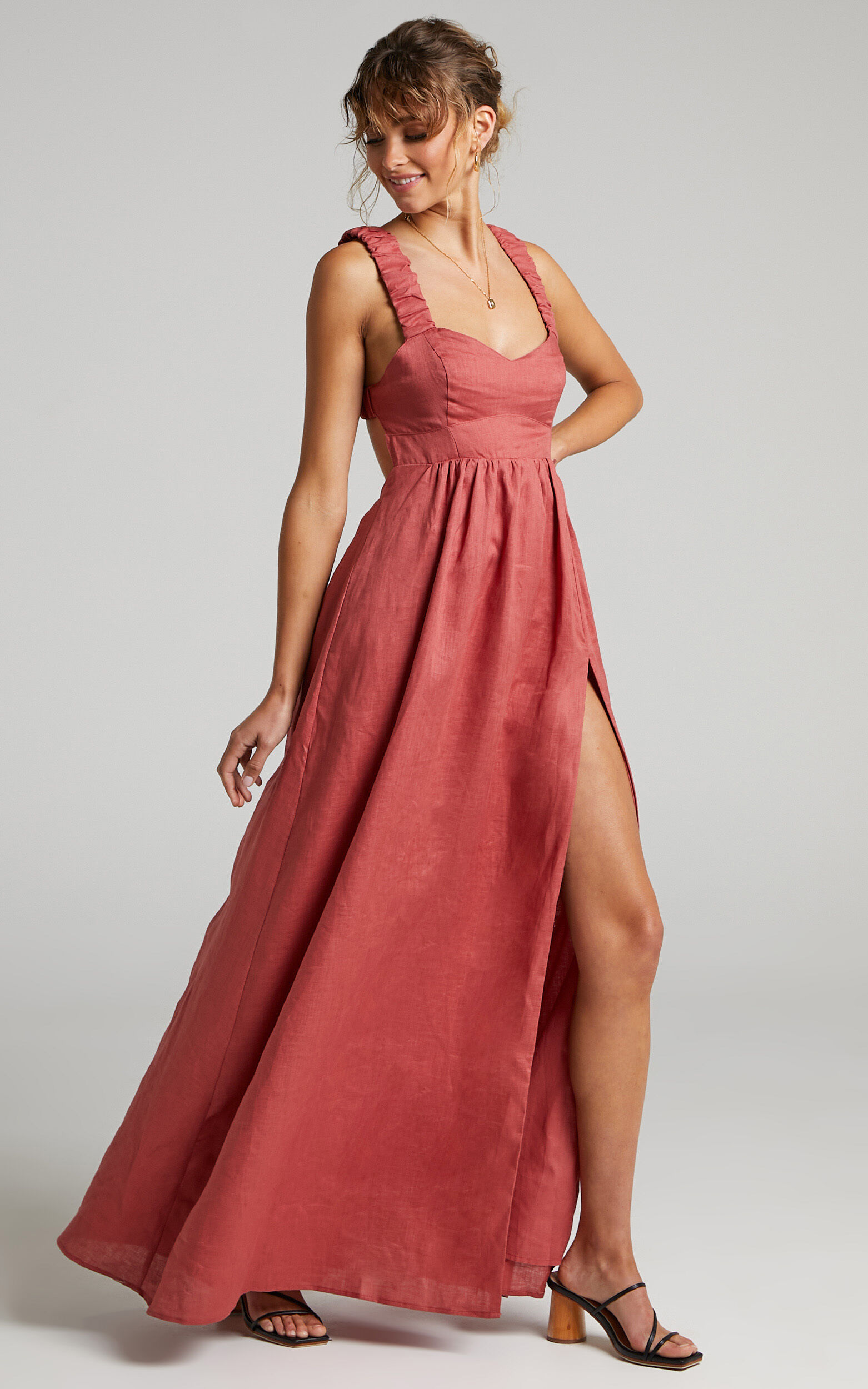 Amalie The Label - Lucianna Linen Elasticated Strap Backless Maxi Dress in Dusty Rose - 04, PNK1, super-hi-res image number null