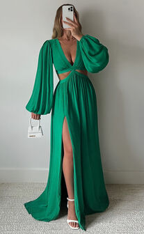 Paige Side Cut Out Balloon Sleeve Maxi Dress in Green