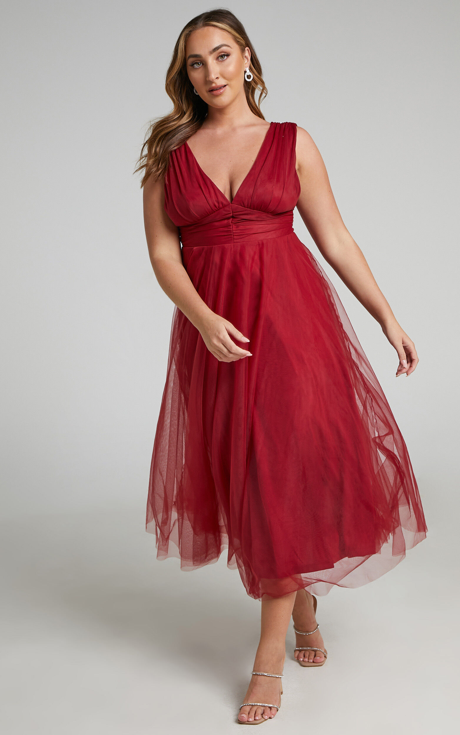 Agatha Midi Dress - Sleeveless V-Neck Organza Dress in Red - 06, RED2