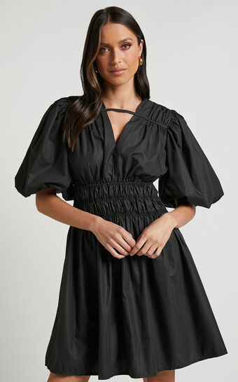 Ezreila Mini Dress - Puff Sleeve Mini Dress in Black