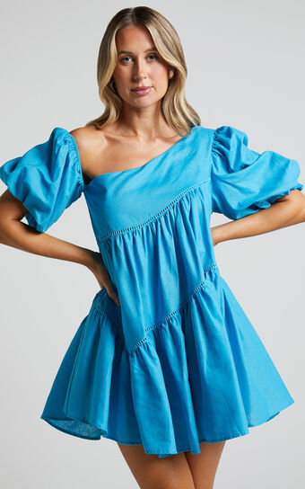 Harleen Mini Dress - Asymmetrical Trim Puff Sleeve Dress in Blue