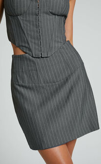 Queennie Mini Skirt - High Waist Panel Detail Skirt in Charcoal Pinstripe