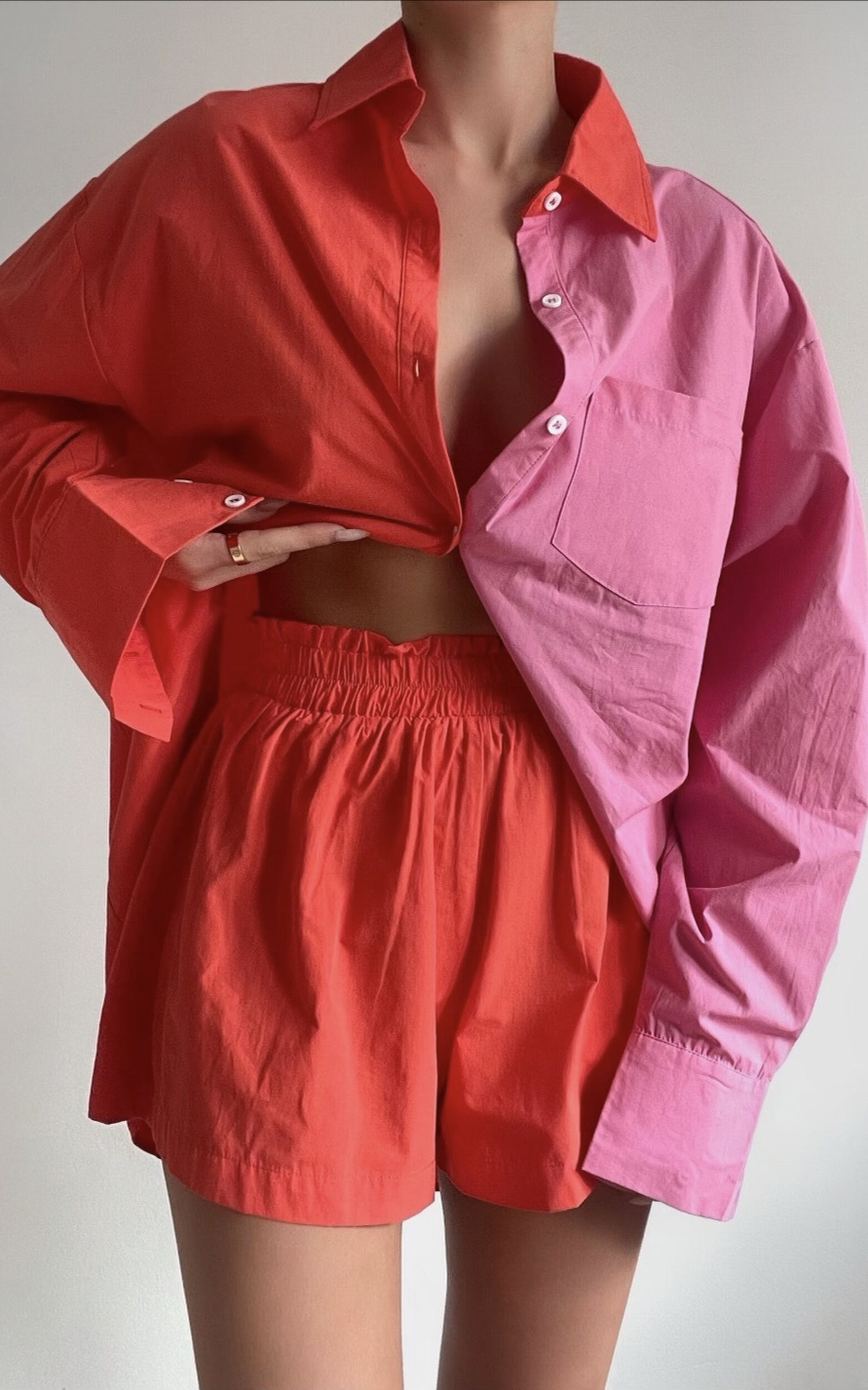 Roewe Shirt - Colour Block Oversized Button Up Shirt in Oxy Fire & Pink - 04, RED2