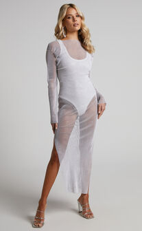 Karmen Midaxi Dress - Long Sleeve Split Diamante Mesh Dress in White