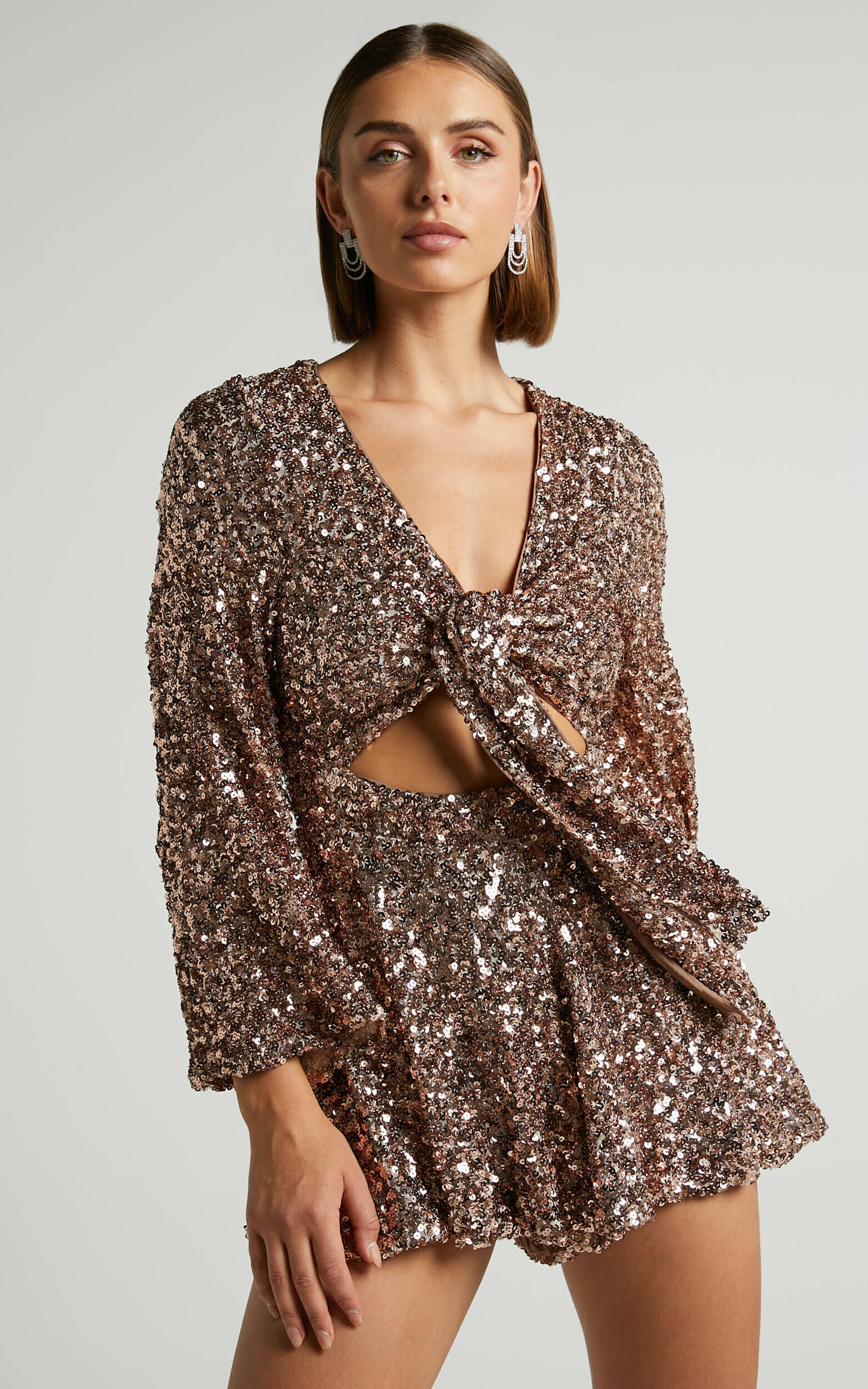 Elijah Playsuit - Sequin Tie Front Bell Sleeve Playsuit in Gold - 06, GLD1