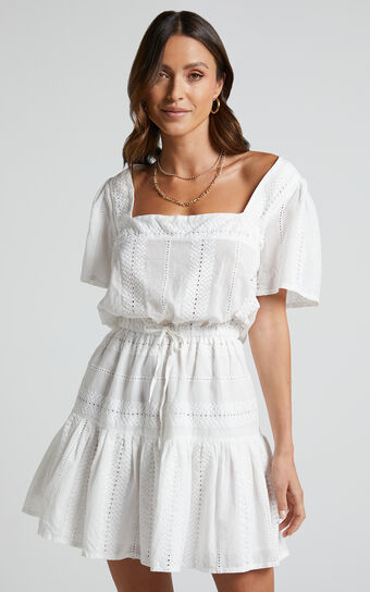 Lanzy Mini Dress - Short Sleeve Square Neck Broderie Dress in White
