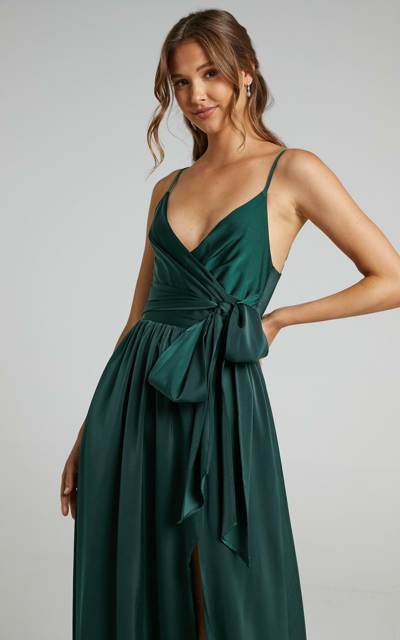 Revolve Around Me Midi Dress - V Neck Wrap Dress in Emerald - 12, GRN1