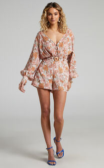 Amalie The Label - Lorete Belted Long Sleeve Playsuit in Wildflower Floral Print