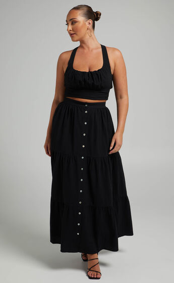 Arabella Tiered Button Front Maxi Skirt in Black